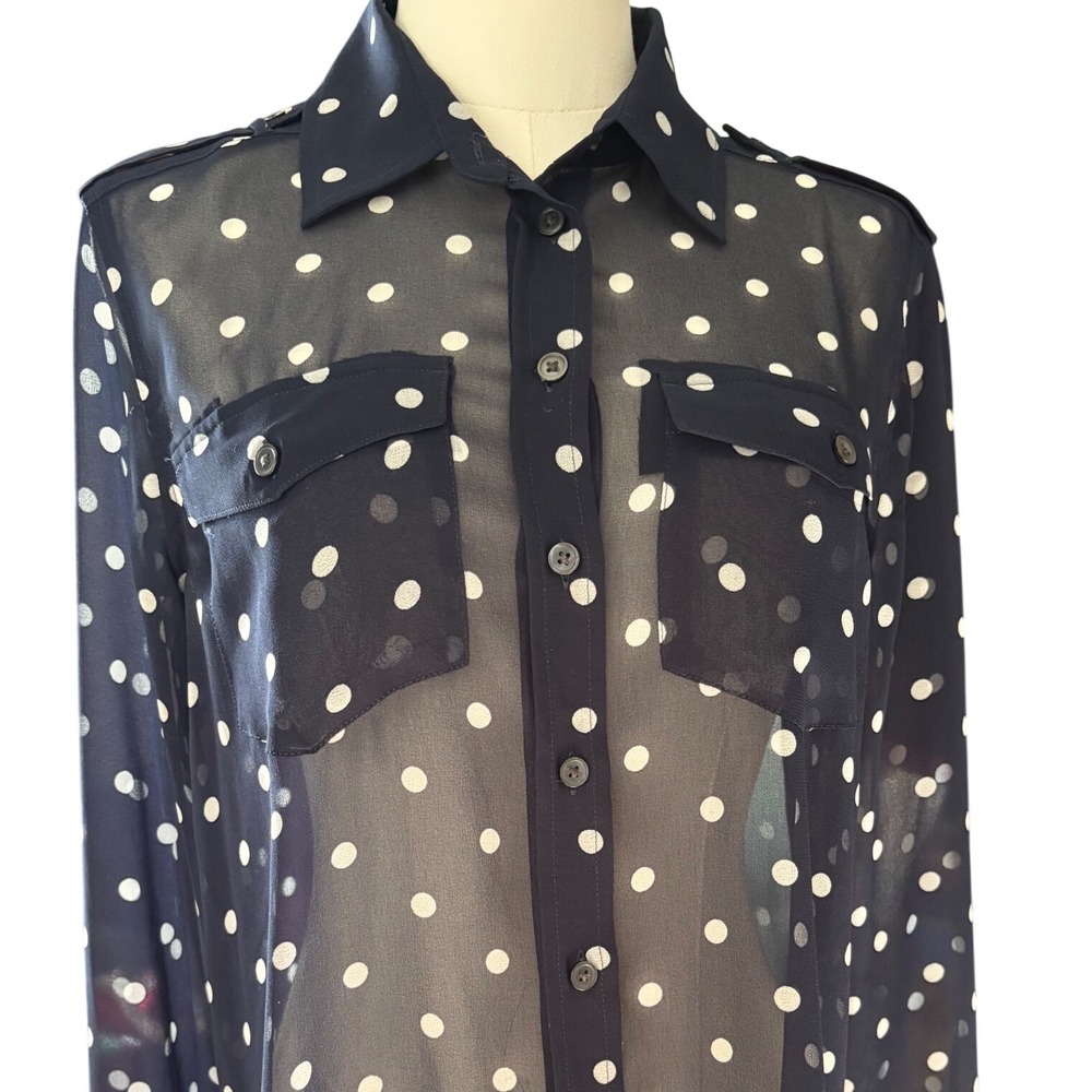 Banana Republic Parker Navy Blue Polka Dot Sheer Button Up Blouse Small